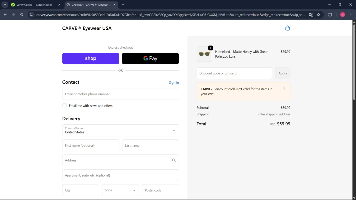 Carve Eyewear promo code screenshot showing code CARVE20 applied at Carve Eyewear checkout page. Uploaded by SimplyCodes community member ValueCollector4159 on Feb 24, 2026