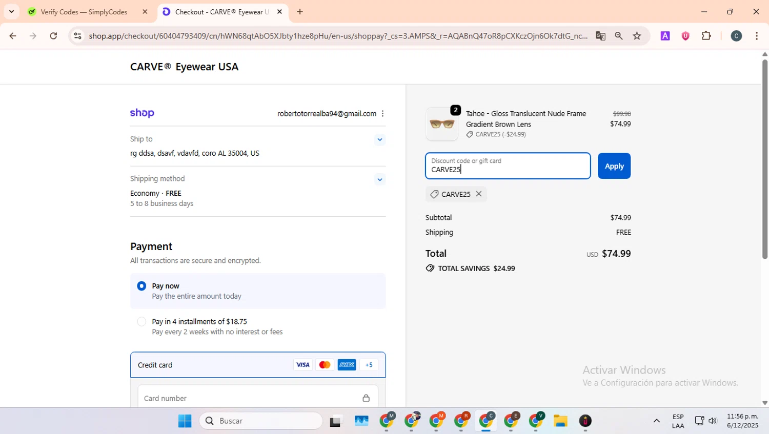 Carve Eyewear promo code screenshot showing code CARVE25 applied at Carve Eyewear checkout page. Uploaded by SimplyCodes community member benjamnlev on Dec 7, 2025