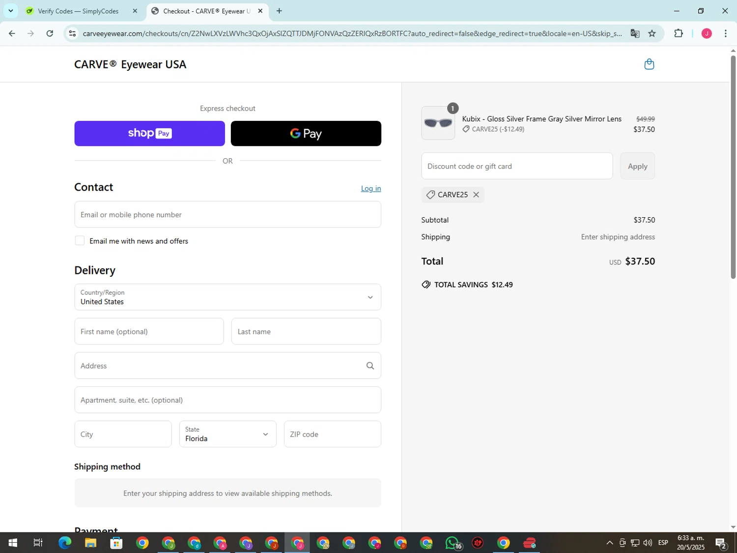 Carve Eyewear promo code screenshot showing code CARVE25 applied at Carve Eyewear checkout page. Uploaded by SimplyCodes community member CleverShopper2101 on May 20, 2025