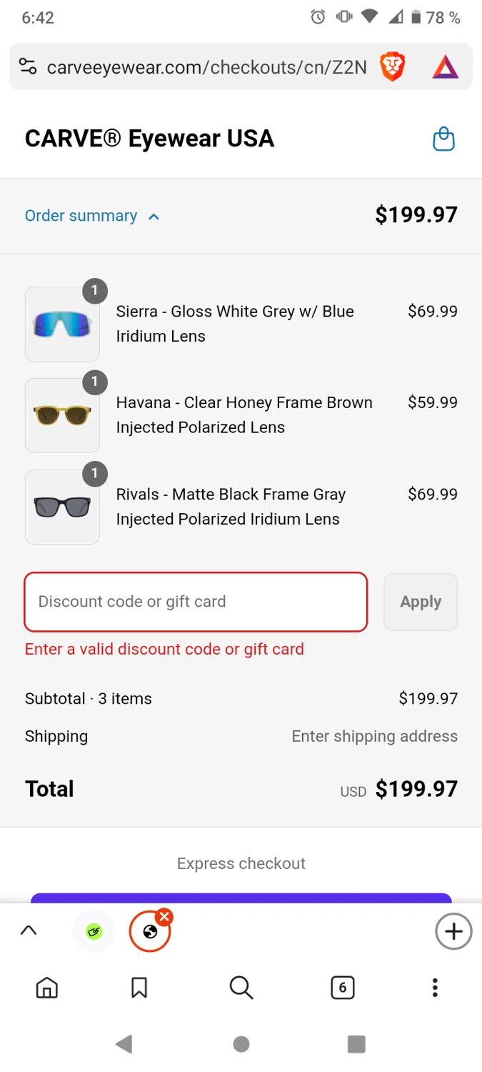Carve Eyewear promo code screenshot showing code DAD25 applied at Carve Eyewear checkout page. Uploaded by SimplyCodes community member victor on Jun 17, 2025