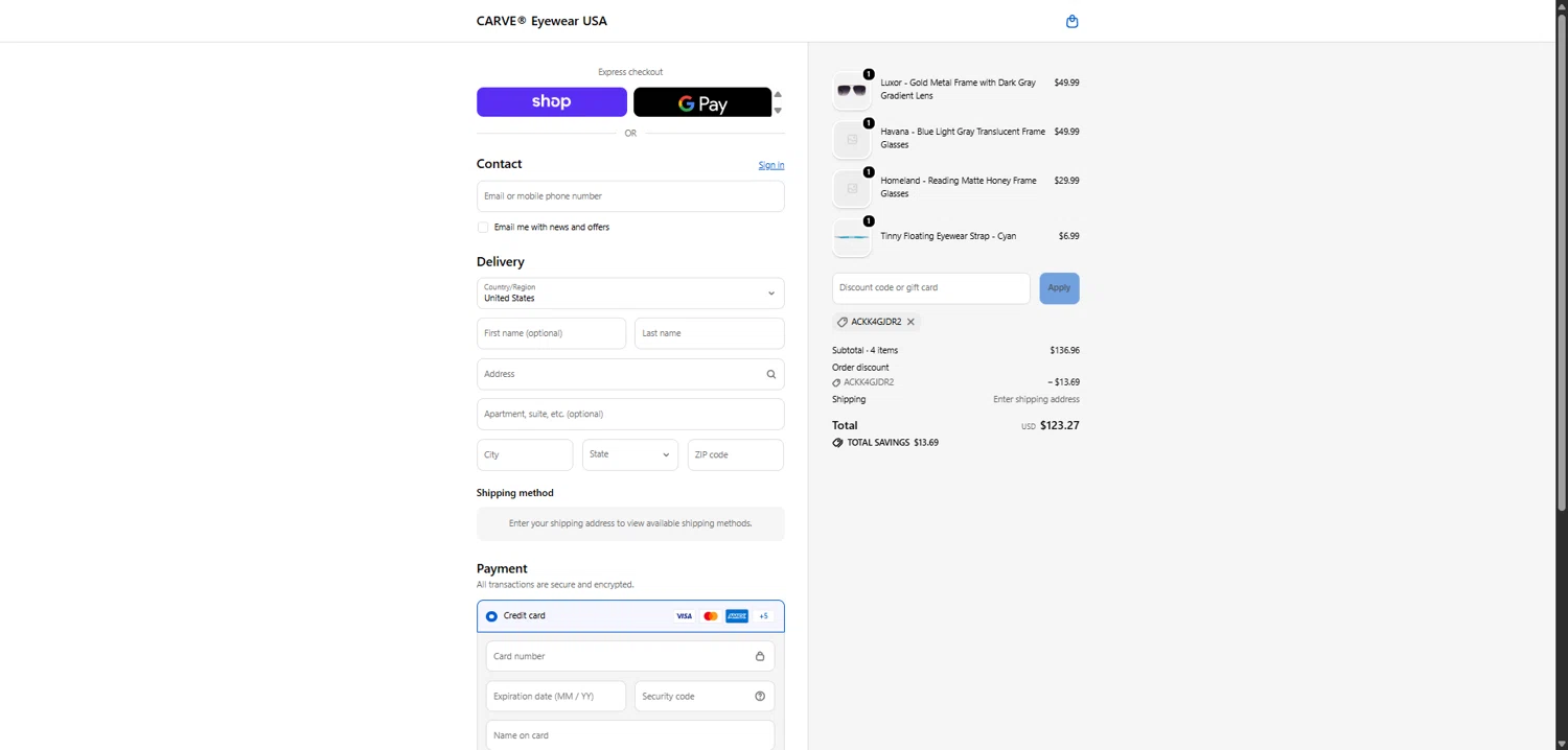 Carve Eyewear checkout page showing Carve Eyewear promo code box | Screenshot taken by SimplyCodes community member on Feb 10, 2026