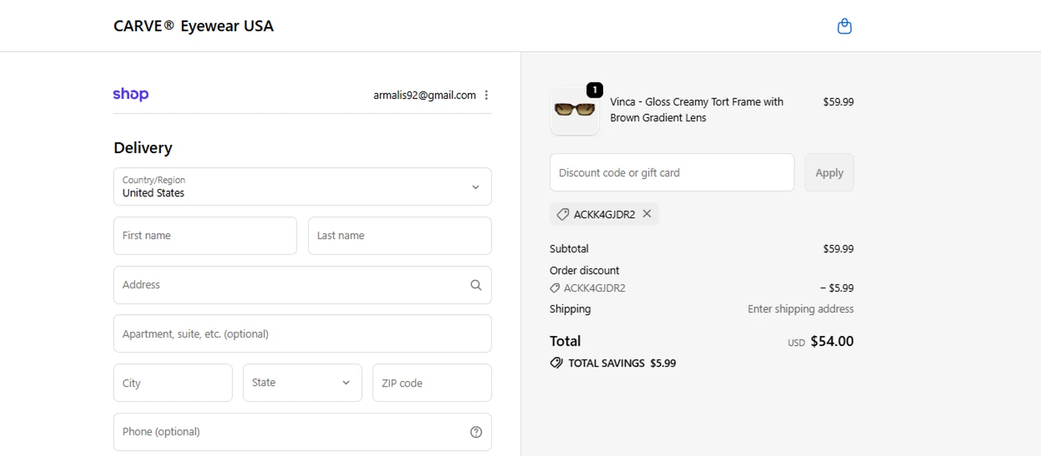 Carve Eyewear promo code screenshot showing code ACKK4GJDR2 applied at Carve Eyewear checkout page. Uploaded by SimplyCodes community member armalissolorzano1 on Feb 3, 2026