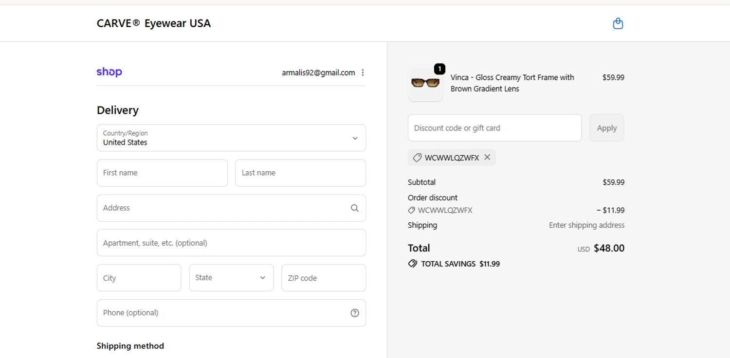 Carve Eyewear promo code screenshot showing code WCWWLQZWFX applied at Carve Eyewear checkout page. Uploaded by SimplyCodes community member armalissolorzano1 on Jan 30, 2026