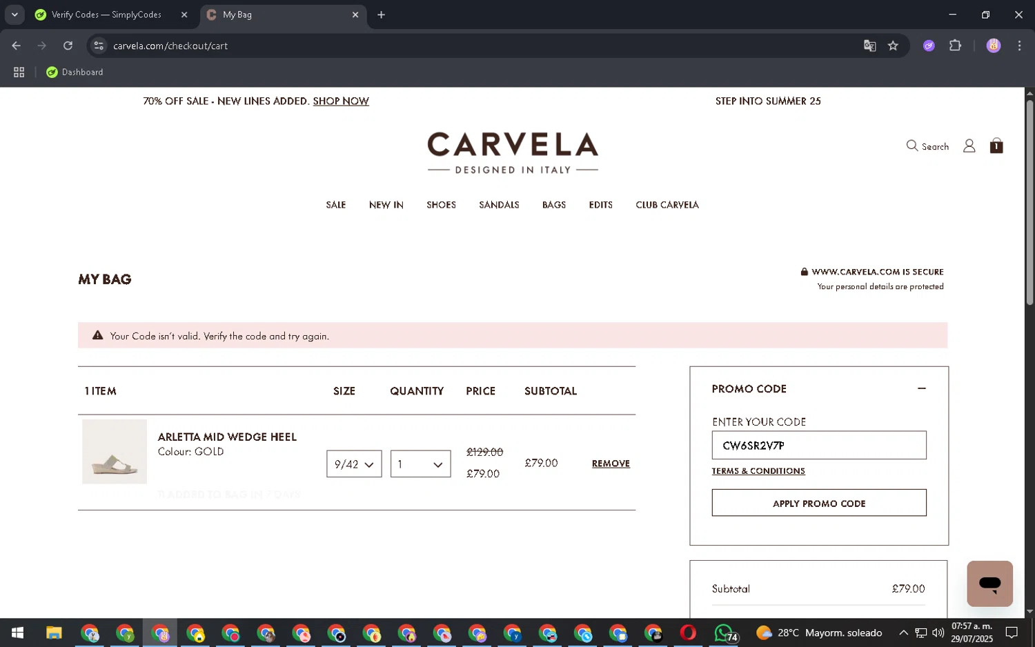 Carvela promo code screenshot showing code CW6SR2V7P applied at Carvela checkout page. Uploaded by SimplyCodes community member ExtraordinaryExpert2592 on Jul 29, 2025