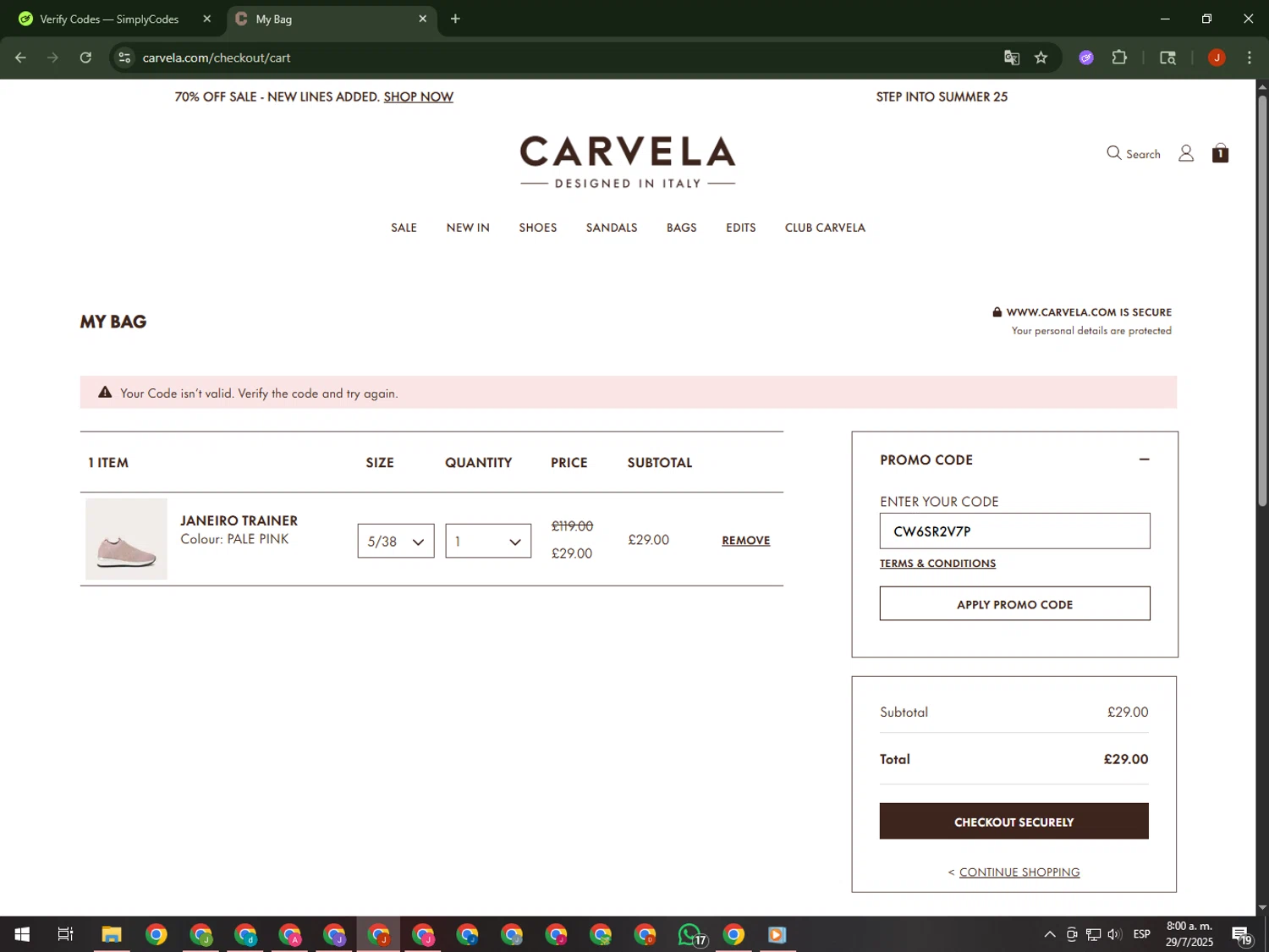 Carvela promo code screenshot showing code CW6SR2V7P applied at Carvela checkout page. Uploaded by SimplyCodes community member KimDokja on Jul 29, 2025