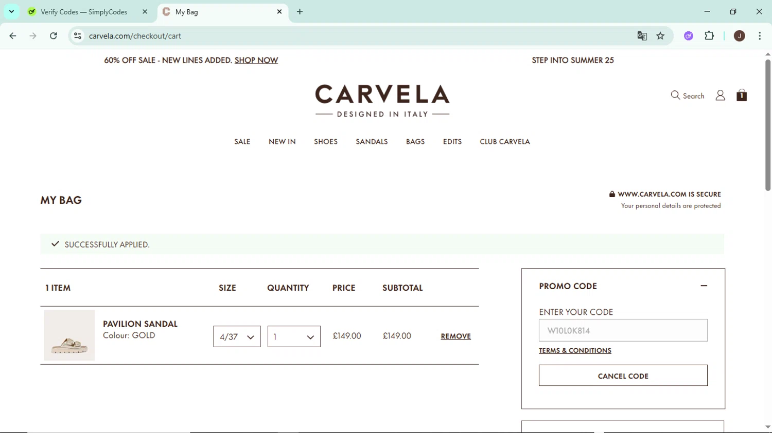 Carvela promo code screenshot showing code W10L0K814 applied at Carvela checkout page. Uploaded by SimplyCodes community member LegendaryAce8627 on Jul 6, 2025