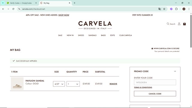 Carvela checkout page showing Carvela promo code box | Screenshot taken by SimplyCodes community member on Jul 6, 2025