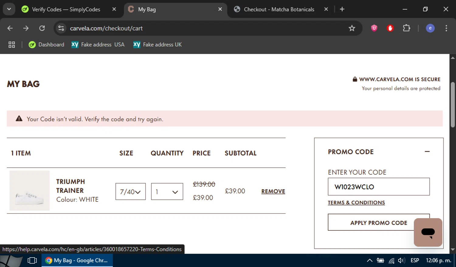 Carvela promo code screenshot showing code W1023WCLO applied at Carvela checkout page. Uploaded by SimplyCodes community member Eliot_force on Jul 15, 2025