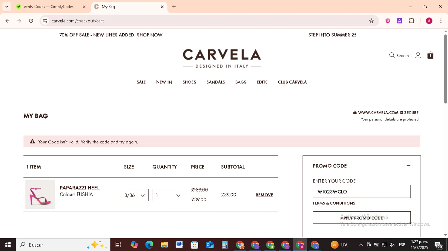 Carvela promo code screenshot showing code W1023WCLO applied at Carvela checkout page. Uploaded by SimplyCodes community member FrugalMonarch7277 on Jul 15, 2025
