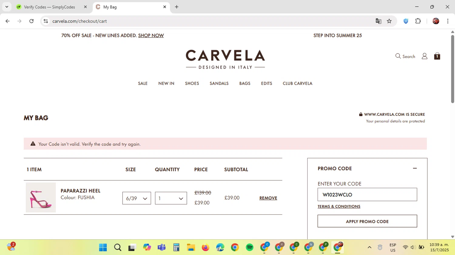 Carvela promo code screenshot showing code W1023WCLO applied at Carvela checkout page. Uploaded by SimplyCodes community member GloriousDefender7889 on Jul 15, 2025