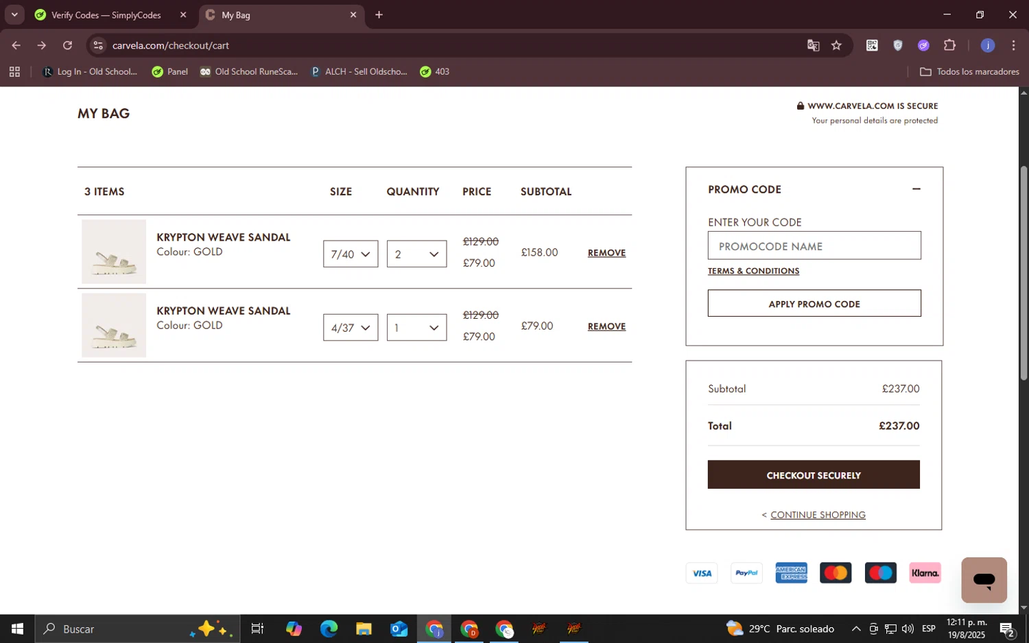 Carvela promo code screenshot showing code W10YGZQJ3 applied at Carvela checkout page. Uploaded by SimplyCodes community member CouponOwl5049 on Aug 19, 2025