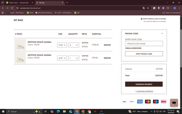 Carvela checkout page showing Carvela promo code box | Screenshot taken by SimplyCodes community member on Aug 19, 2025