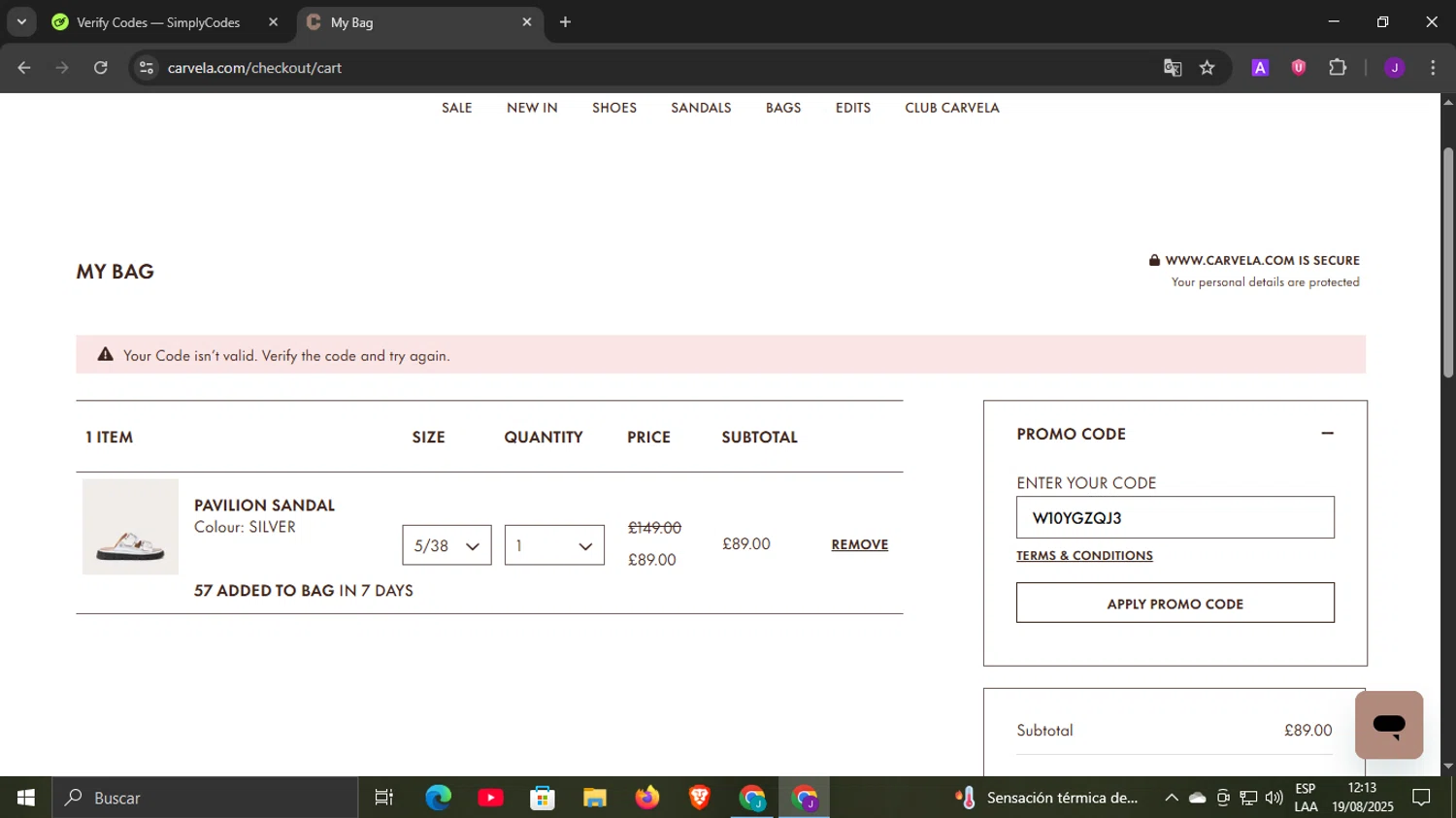 Carvela promo code screenshot showing code W10YGZQJ3 applied at Carvela checkout page. Uploaded by SimplyCodes community member DiscountLegend6670 on Aug 19, 2025
