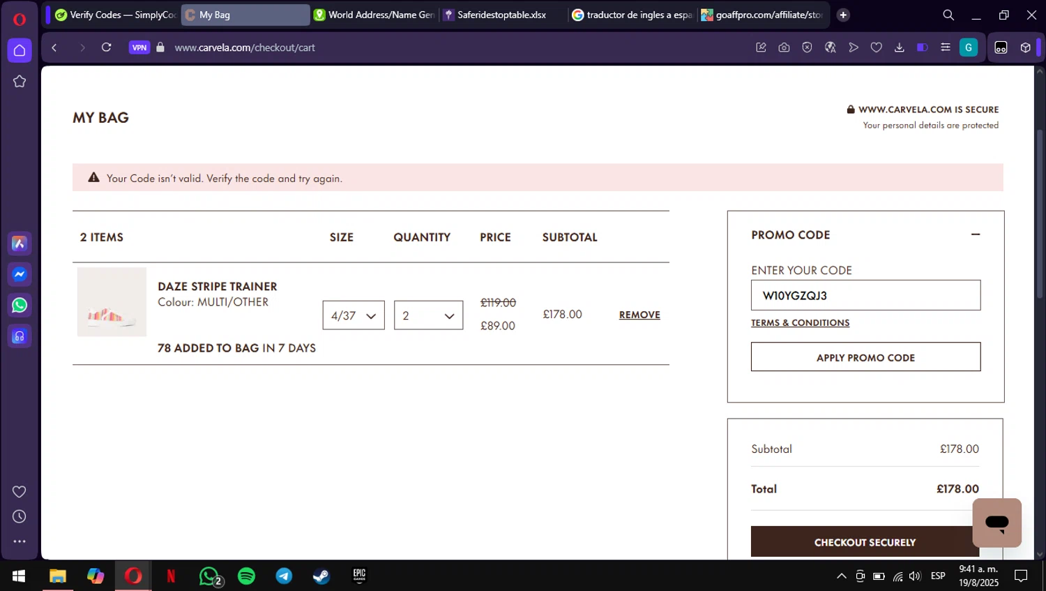 Carvela promo code screenshot showing code W10YGZQJ3 applied at Carvela checkout page. Uploaded by SimplyCodes community member ValiantWarden3907 on Aug 19, 2025