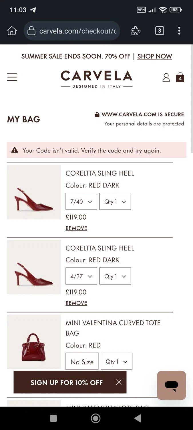 Carvela promo code screenshot showing code W10YGZQJ3 applied at Carvela checkout page. Uploaded by SimplyCodes community member nerimarsantaella on Aug 19, 2025