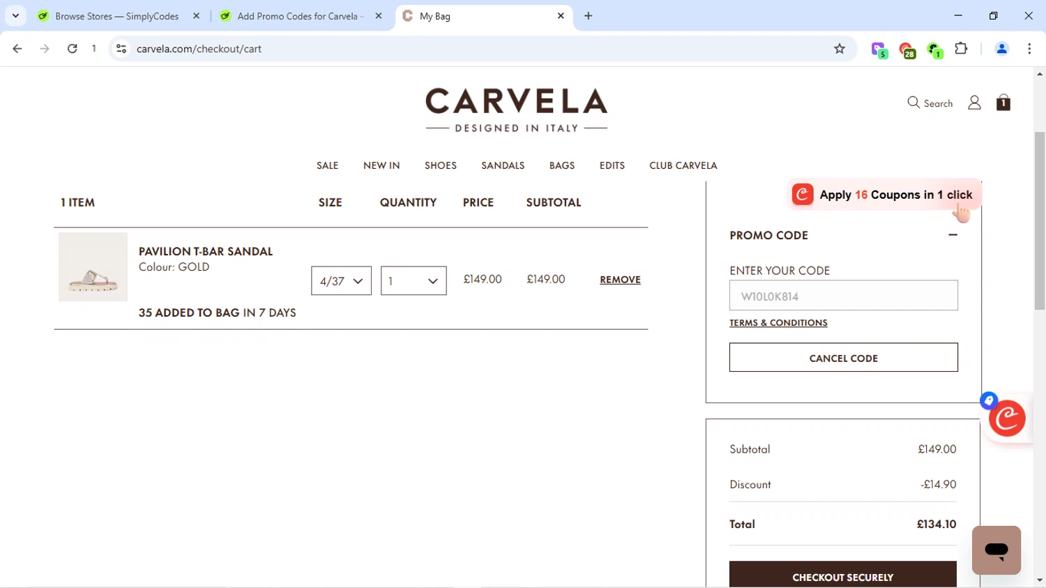 Carvela promo code screenshot showing code W10L0K814 applied at Carvela checkout page. Uploaded by SimplyCodes community member Dizlike2025 on Jul 6, 2025