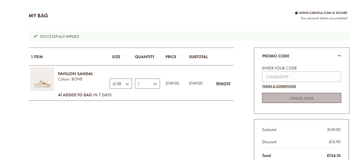 Carvela promo code screenshot showing code CW6SR2V7P applied at Carvela checkout page. Uploaded by SimplyCodes community member leidycamacaro on Aug 18, 2025