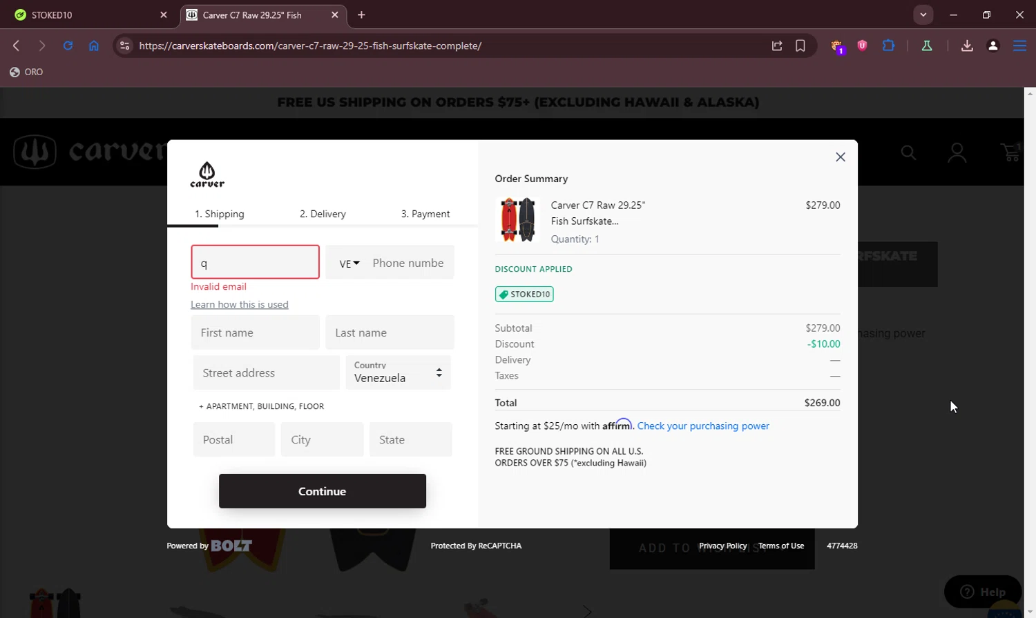 Carver Skateboards promo code screenshot showing code STOKED10 applied at Carver Skateboards checkout page. Uploaded by SimplyCodes community member RewardLion6202 on Dec 11, 2025