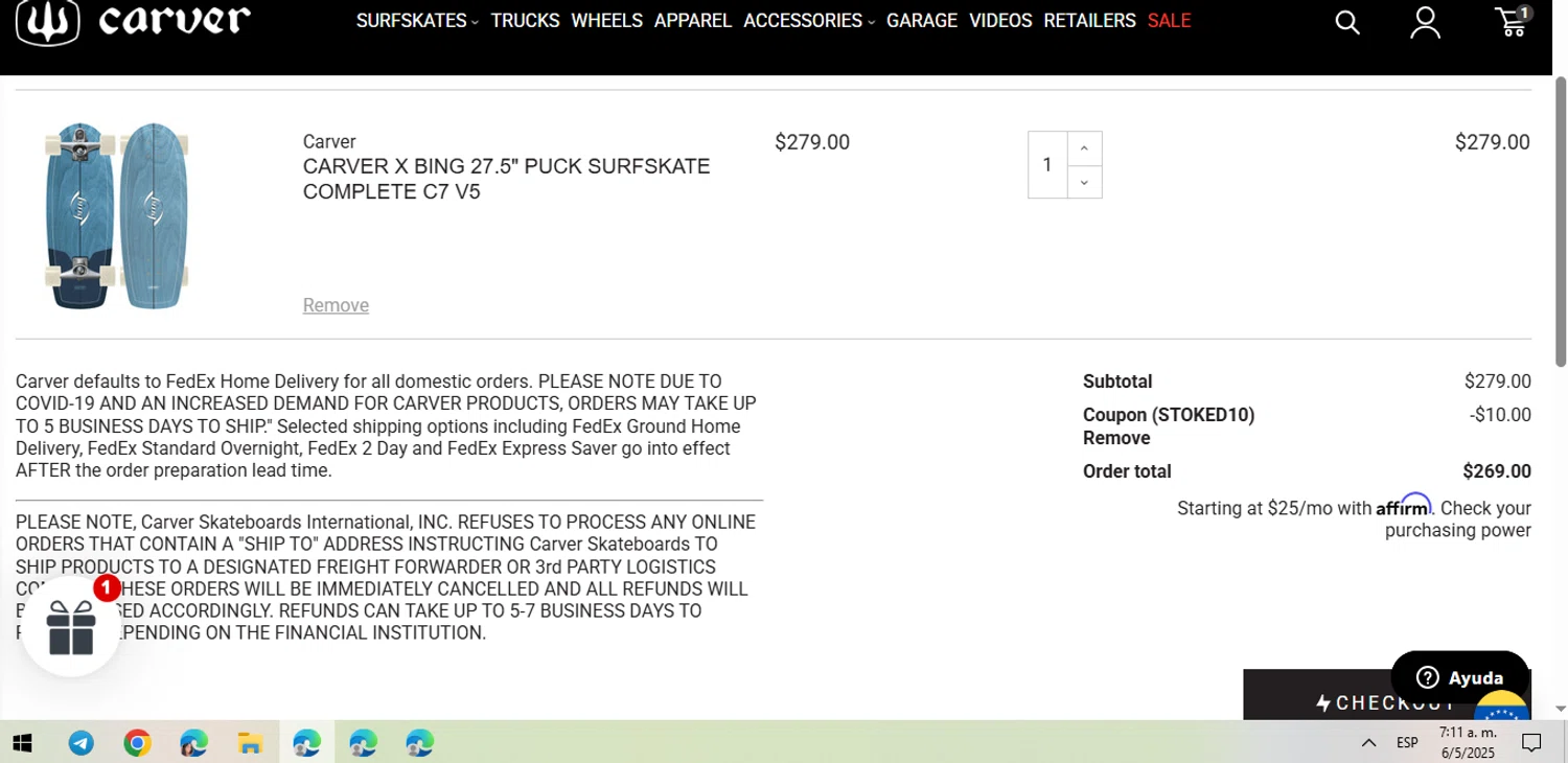 Carver Skateboards promo code screenshot showing code STOKED10 applied at Carver Skateboards checkout page. Uploaded by SimplyCodes community member SmartLion6283 on May 6, 2025