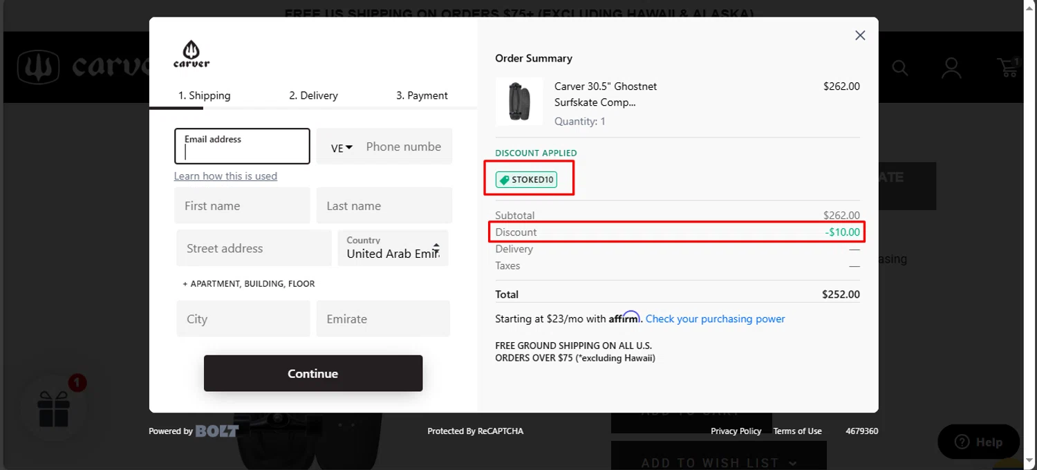Carver Skateboards promo code screenshot showing code STOKED10 applied at Carver Skateboards checkout page. Uploaded by SimplyCodes community member noworries on Sep 28, 2025