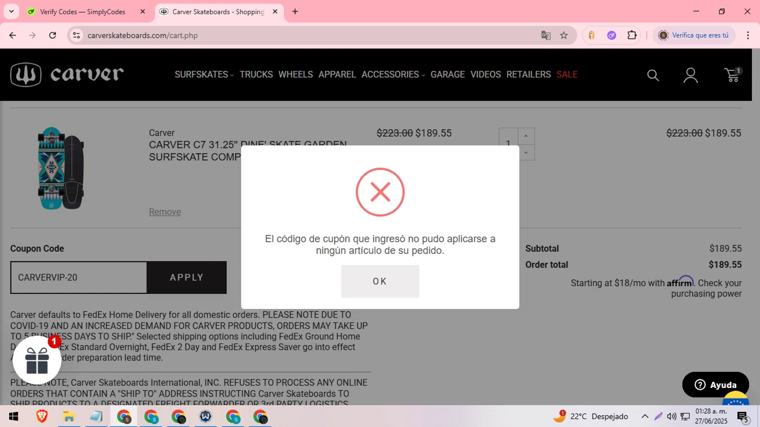 Carver Skateboards promo code screenshot showing code CARVERVIP-20 applied at Carver Skateboards checkout page. Uploaded by SimplyCodes community member DiscountDefender1226 on Jun 27, 2025