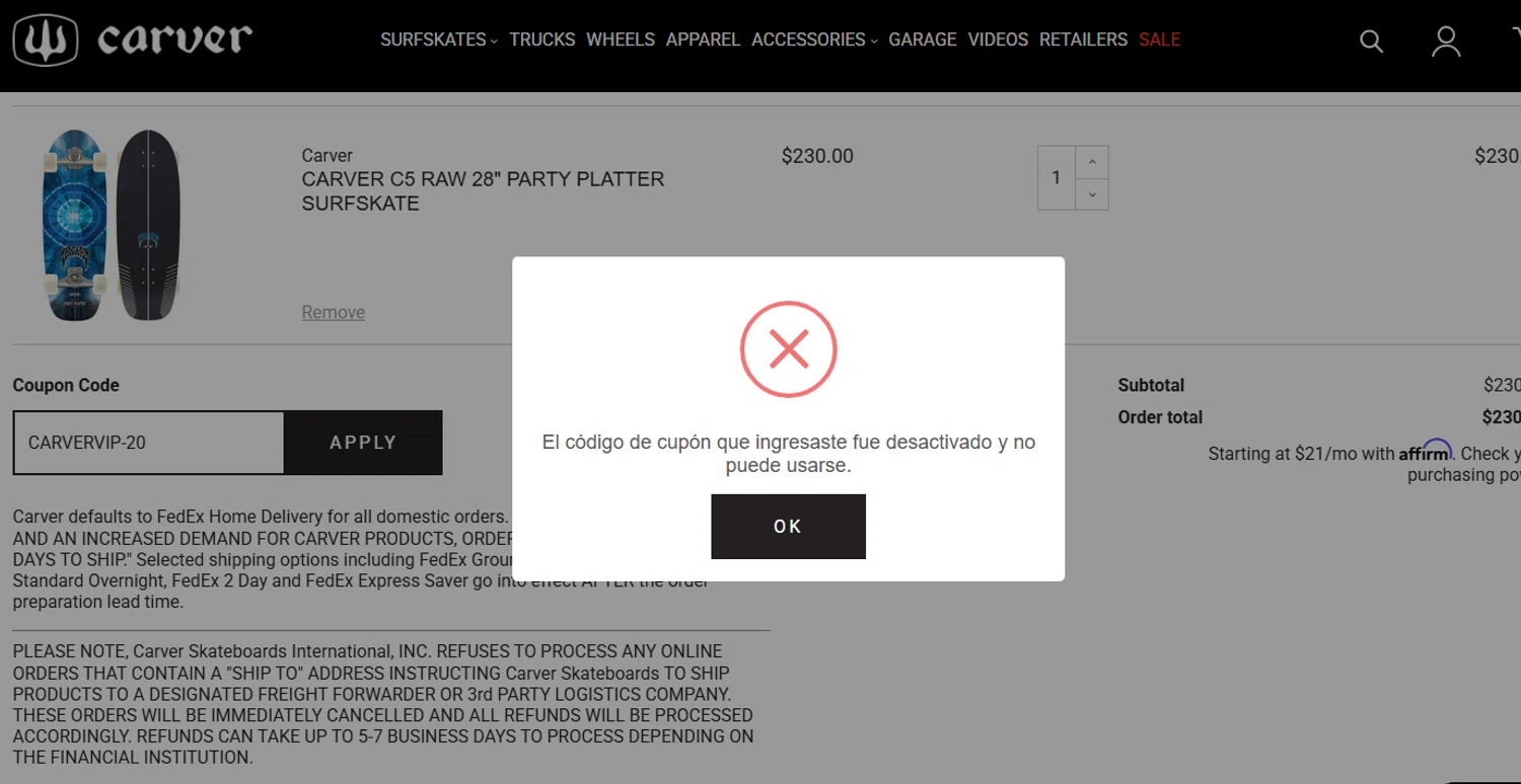 Carver Skateboards promo code screenshot showing code CARVERVIP-20 applied at Carver Skateboards checkout page. Uploaded by SimplyCodes community member Freeman on Jun 27, 2025