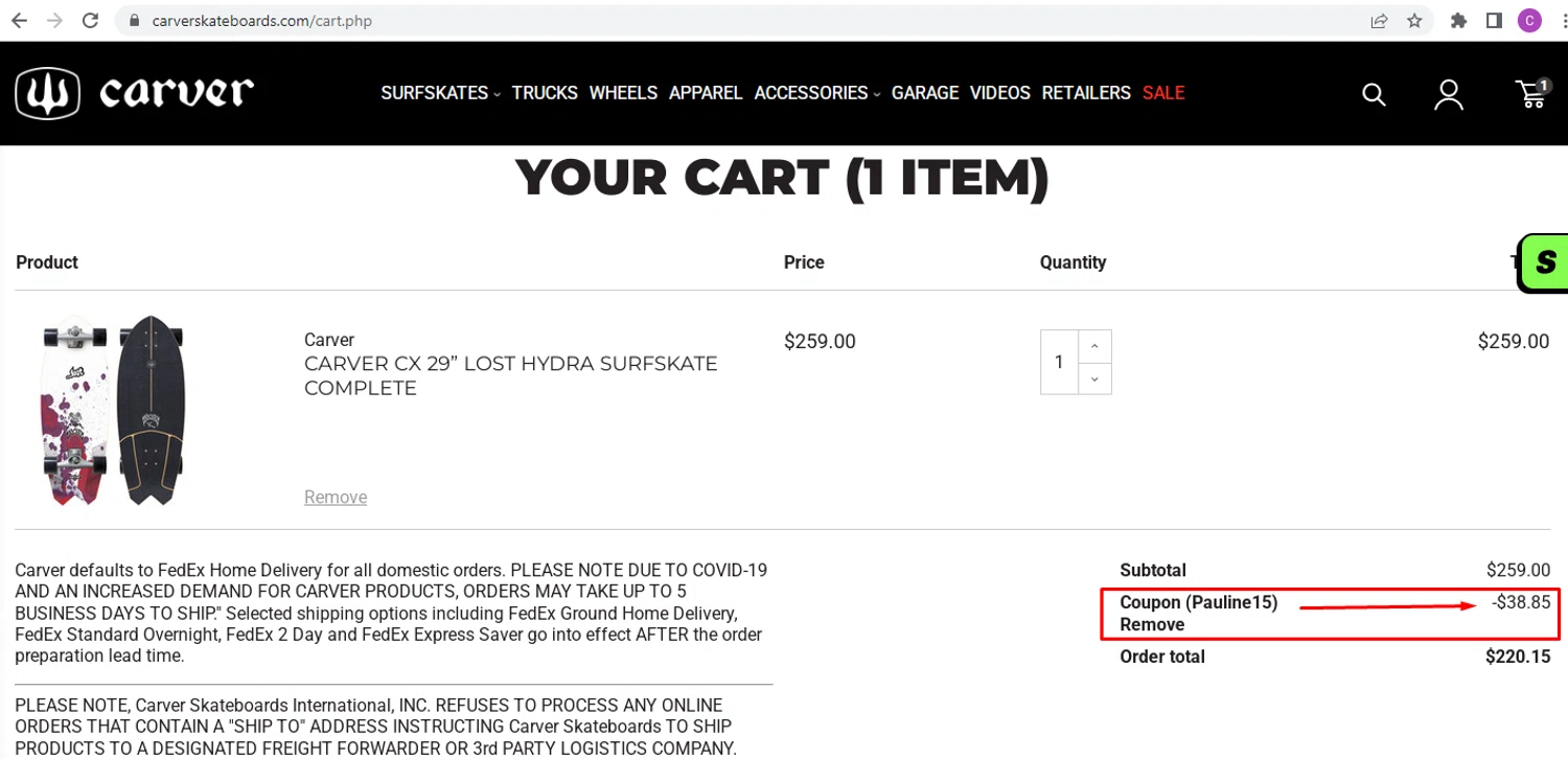 Carver Skateboards promo code screenshot showing code PAULINE15 applied at Carver Skateboards checkout page. Uploaded by SimplyCodes community member nileskamarcano on Dec 11, 2025
