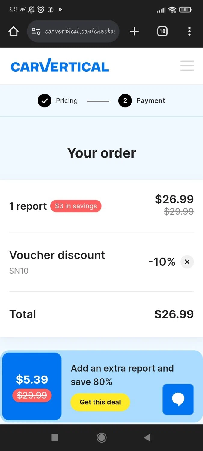 carVertical checkout page showing carVertical discount code box | Screenshot taken by SimplyCodes community member on Jan 26, 2024