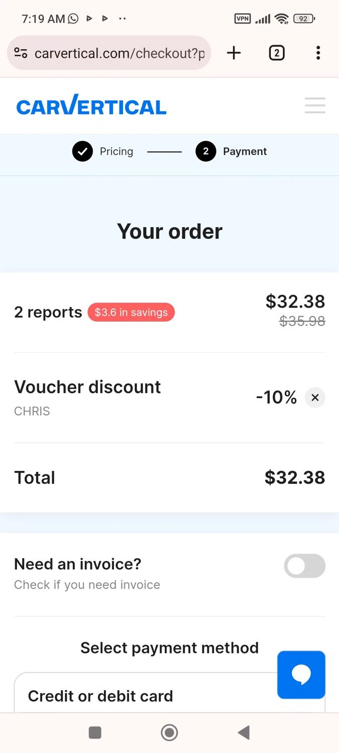 carVertical checkout page showing carVertical discount code box | Screenshot taken by SimplyCodes community member on Jan 26, 2024