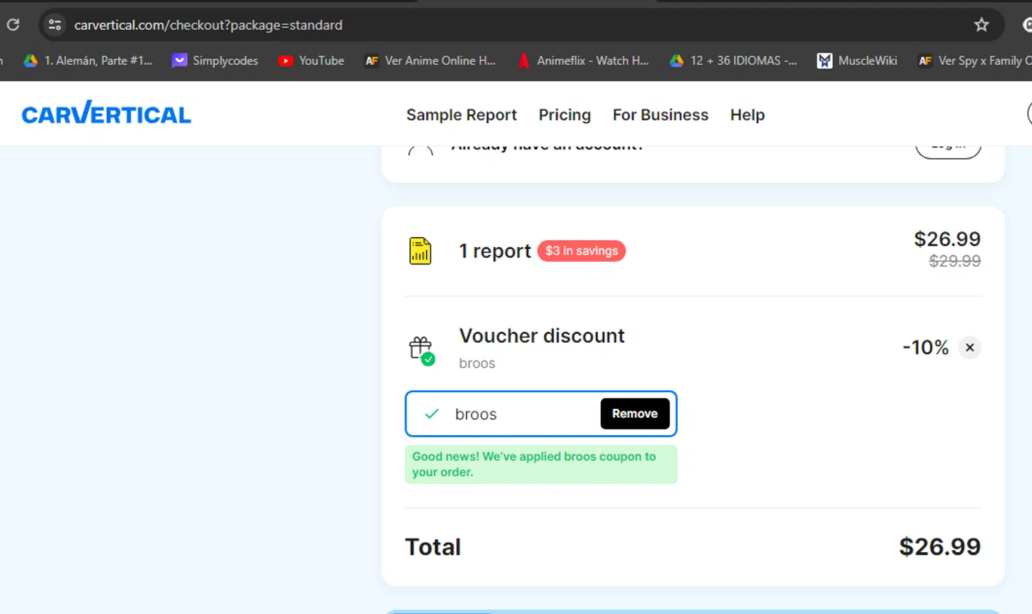 carVertical checkout page showing carVertical discount code box | Screenshot taken by SimplyCodes community member on Jan 26, 2024