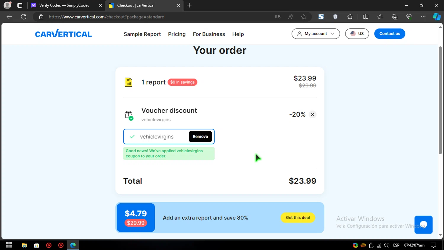 carVertical checkout page showing carVertical discount code box | Screenshot taken by SimplyCodes community member on Jan 30, 2024
