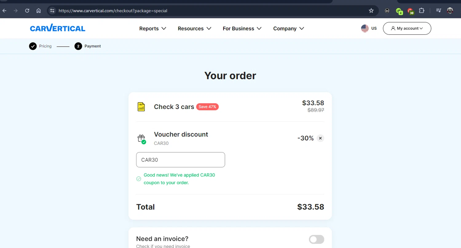 carVertical checkout page showing carVertical discount code box | Screenshot taken by SimplyCodes community member on May 30, 2024