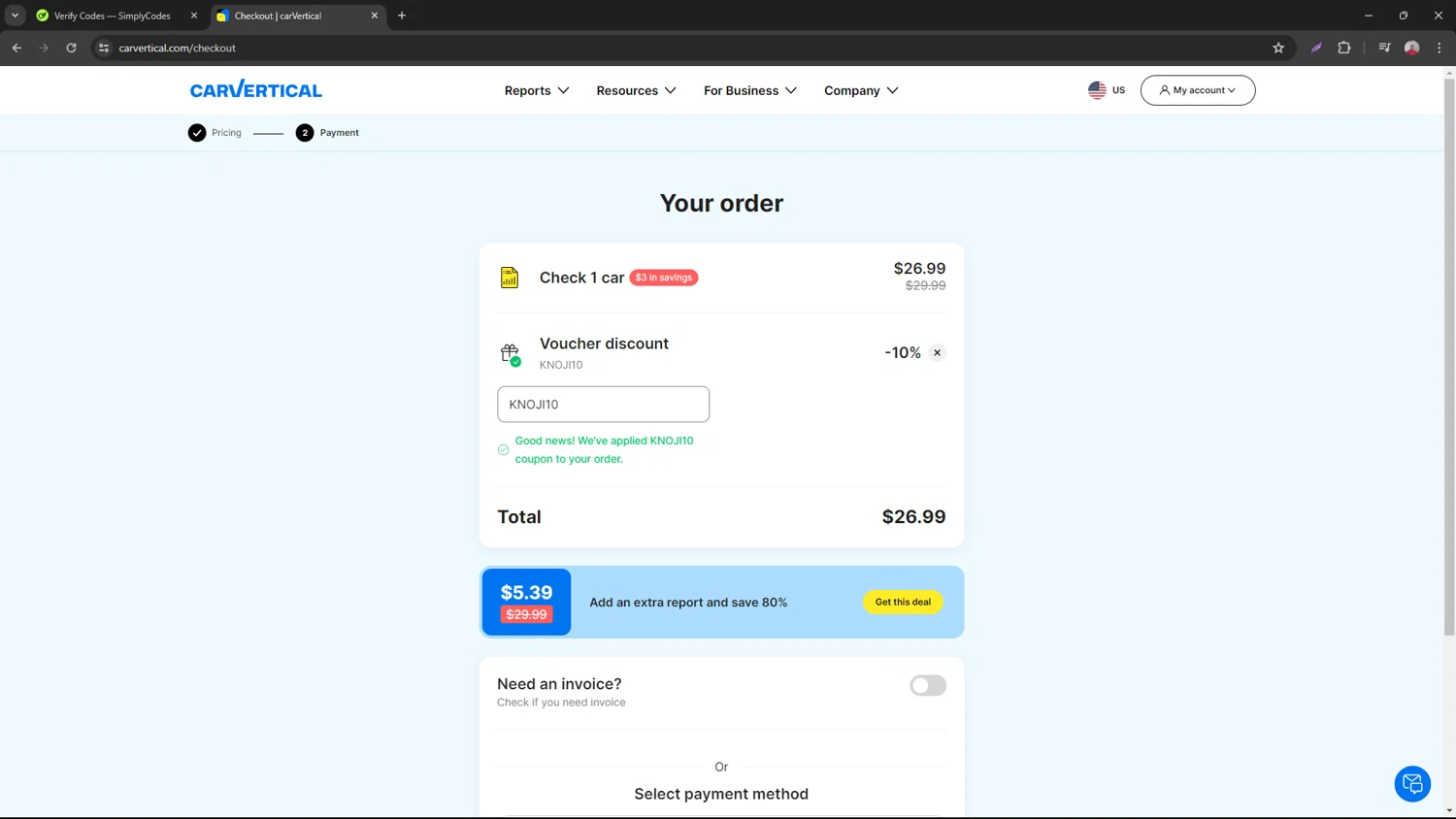 carVertical checkout page showing carVertical discount code box | Screenshot taken by SimplyCodes community member on Jun 5, 2024