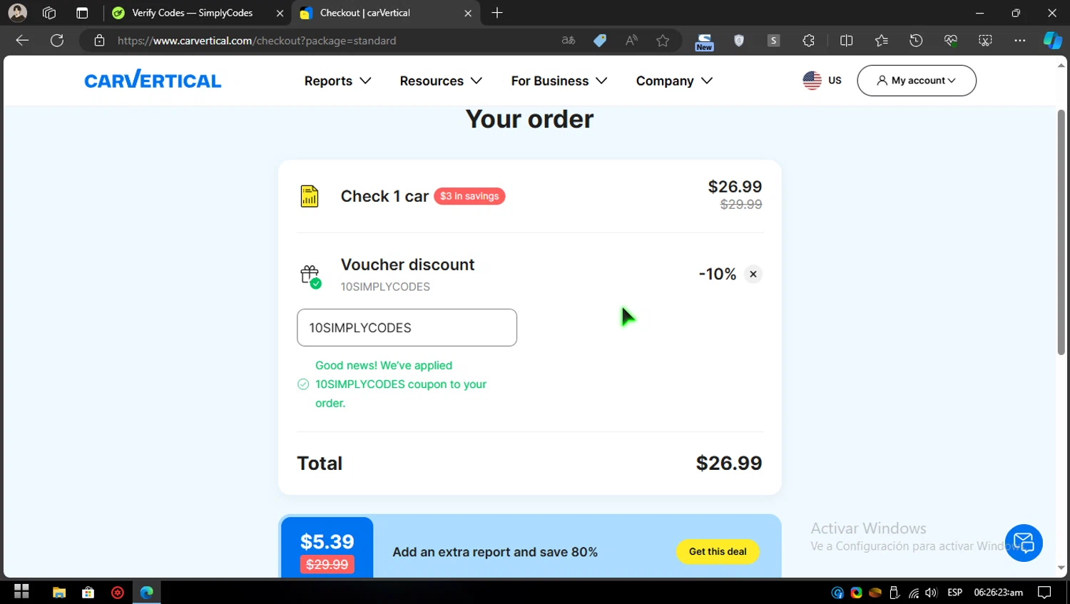carVertical checkout page showing carVertical discount code box | Screenshot taken by SimplyCodes community member on Jun 5, 2024