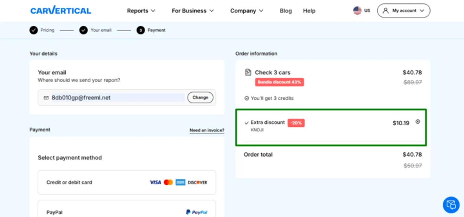 carVertical discount code screenshot showing code KNOJI applied at carVertical checkout page. Uploaded by SimplyCodes community member angelavidal on Jan 8, 2025