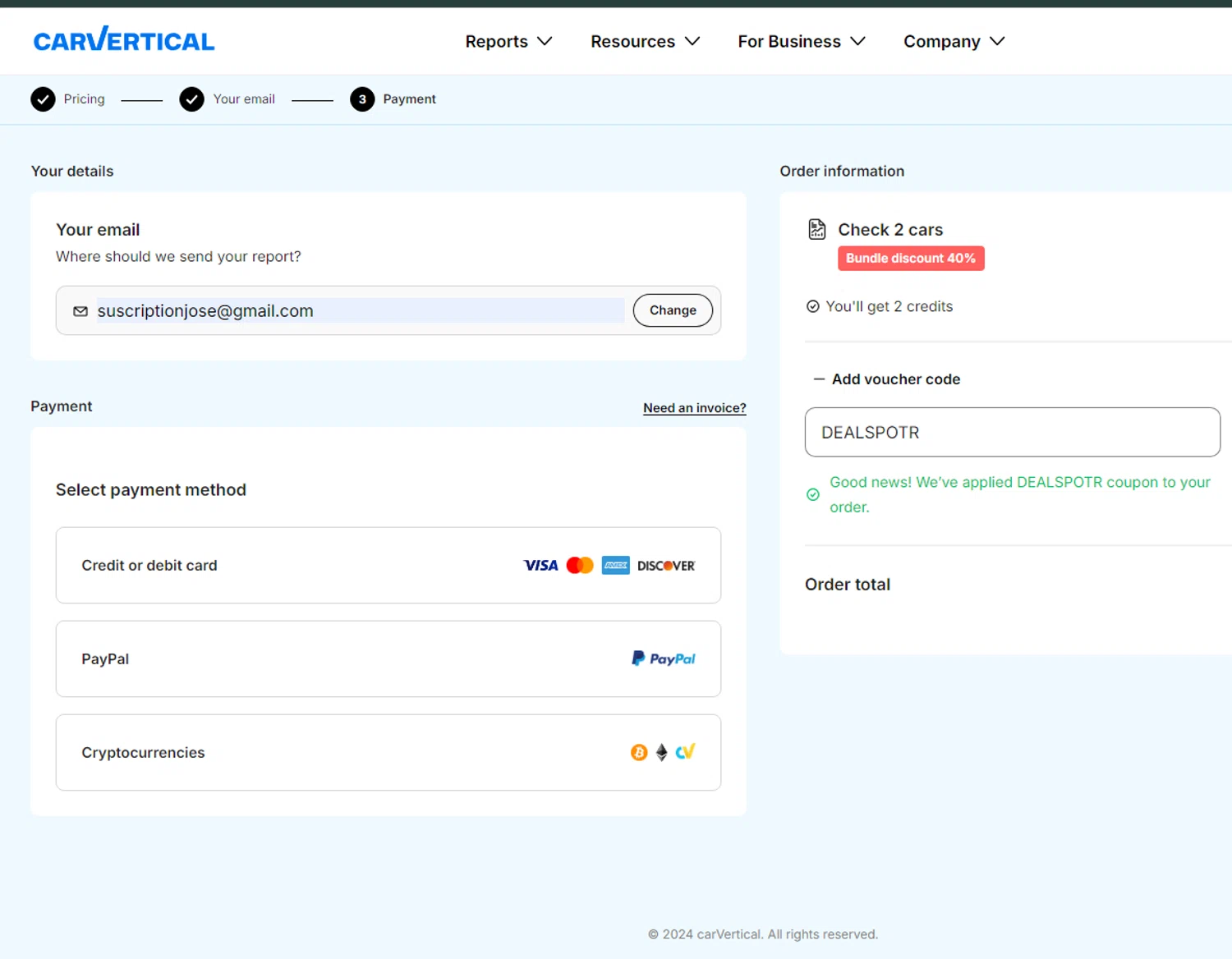 carVertical checkout page showing carVertical discount code box | Screenshot taken by SimplyCodes community member on Aug 9, 2024