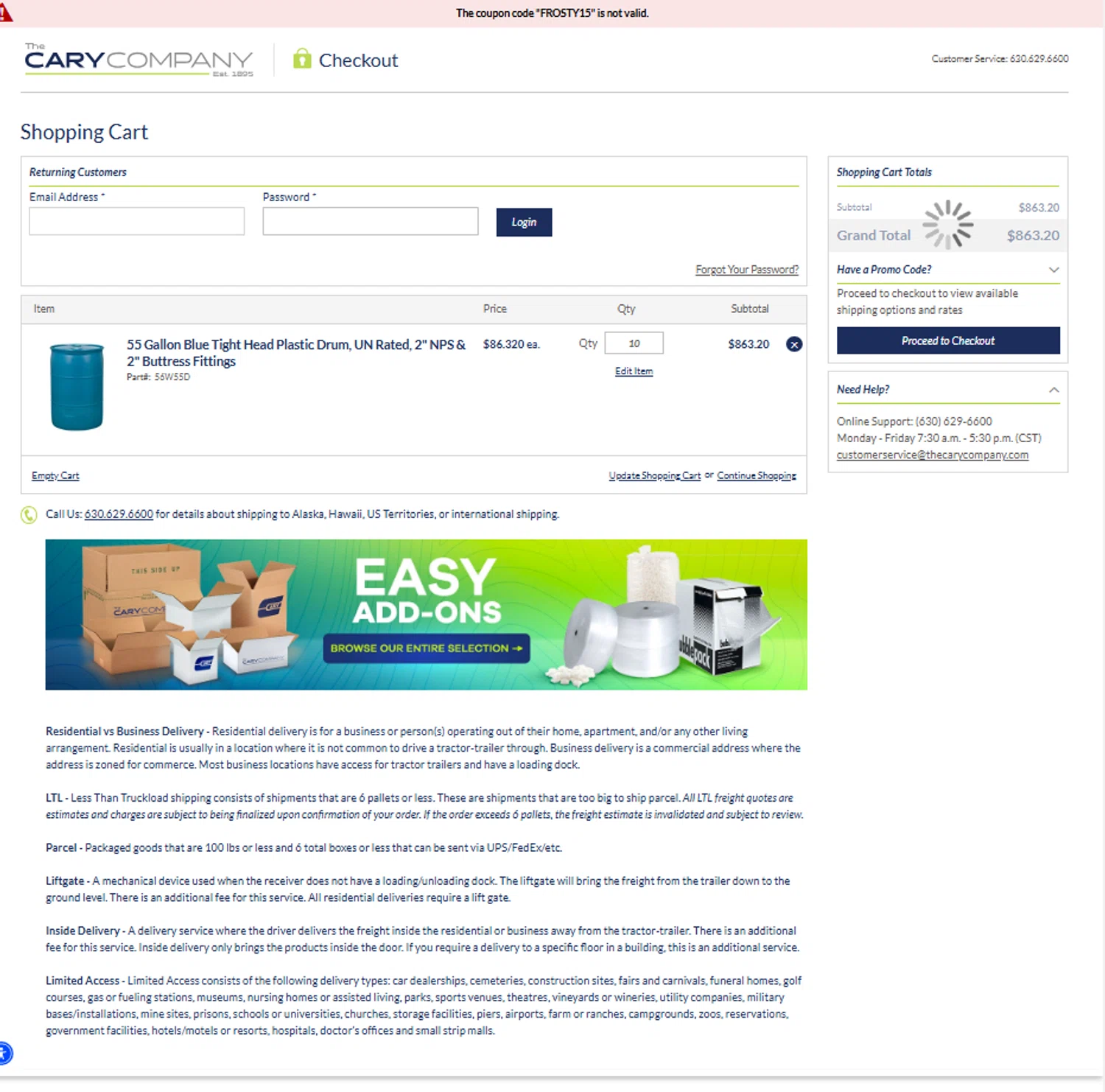 Cary Company promo code screenshot showing code FROSTY15 applied at Cary Company checkout page. Uploaded by SimplyCodes community member CrownSage3630 on Feb 18, 2025