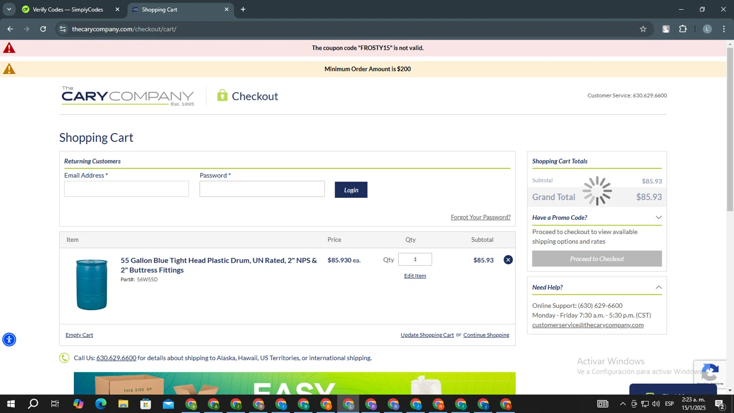 Cary Company promo code screenshot showing code FROSTY15 applied at Cary Company checkout page. Uploaded by SimplyCodes community member USERR1 on Jan 15, 2025