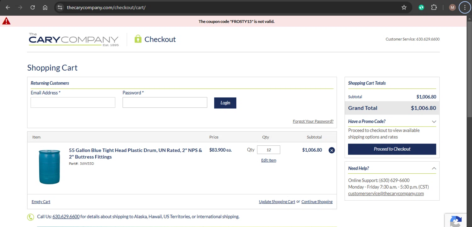 Cary Company promo code screenshot showing code FROSTY15 applied at Cary Company checkout page. Uploaded by SimplyCodes community member xaswqe on Jan 15, 2025