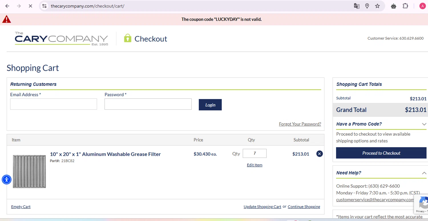 Cary Company promo code screenshot showing code LUCKYDAY applied at Cary Company checkout page. Uploaded by SimplyCodes community member ShrewdHunter3220 on Apr 21, 2025