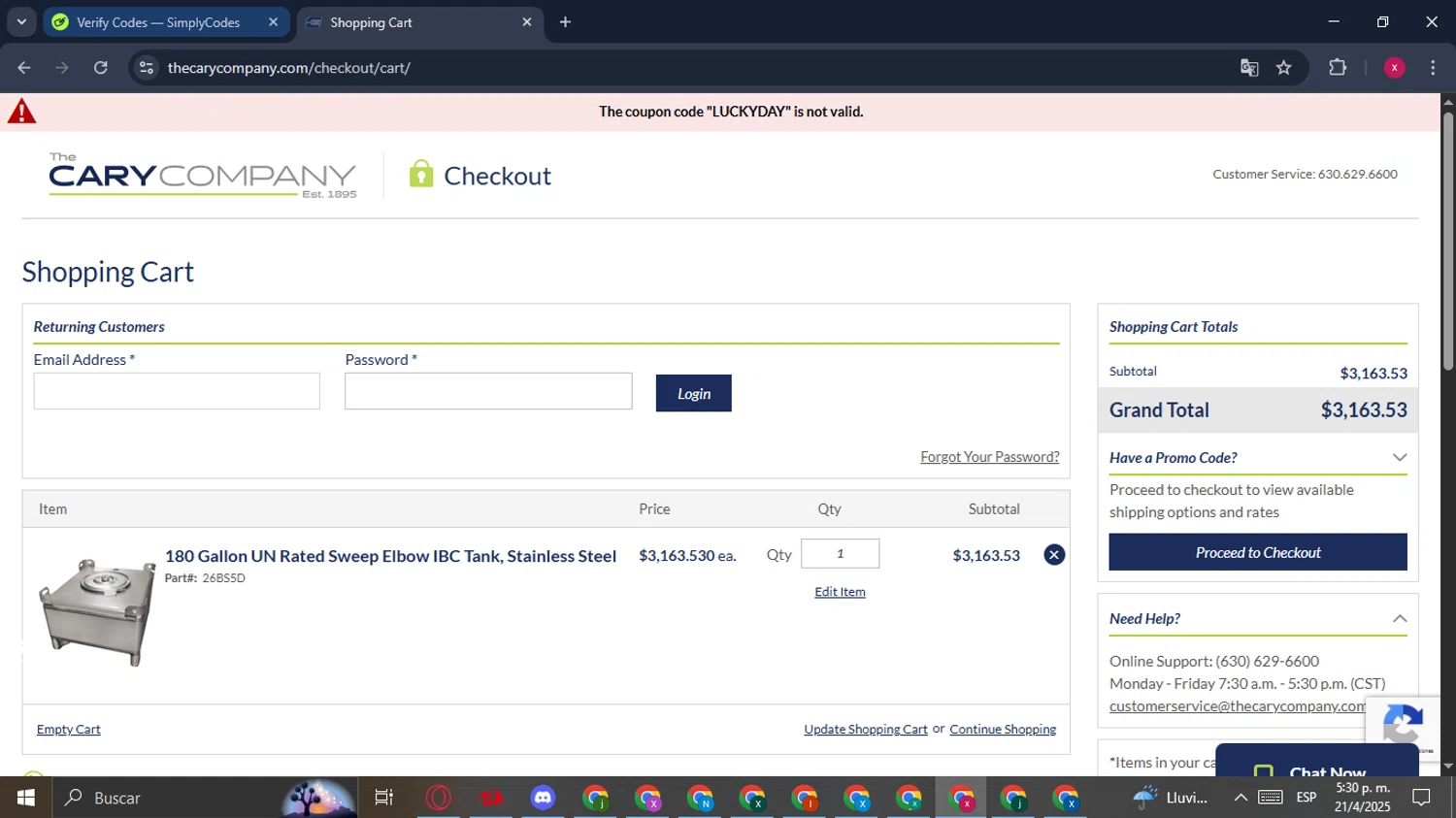 Cary Company promo code screenshot showing code LUCKYDAY applied at Cary Company checkout page. Uploaded by SimplyCodes community member SavingsFalcon3521 on Apr 21, 2025