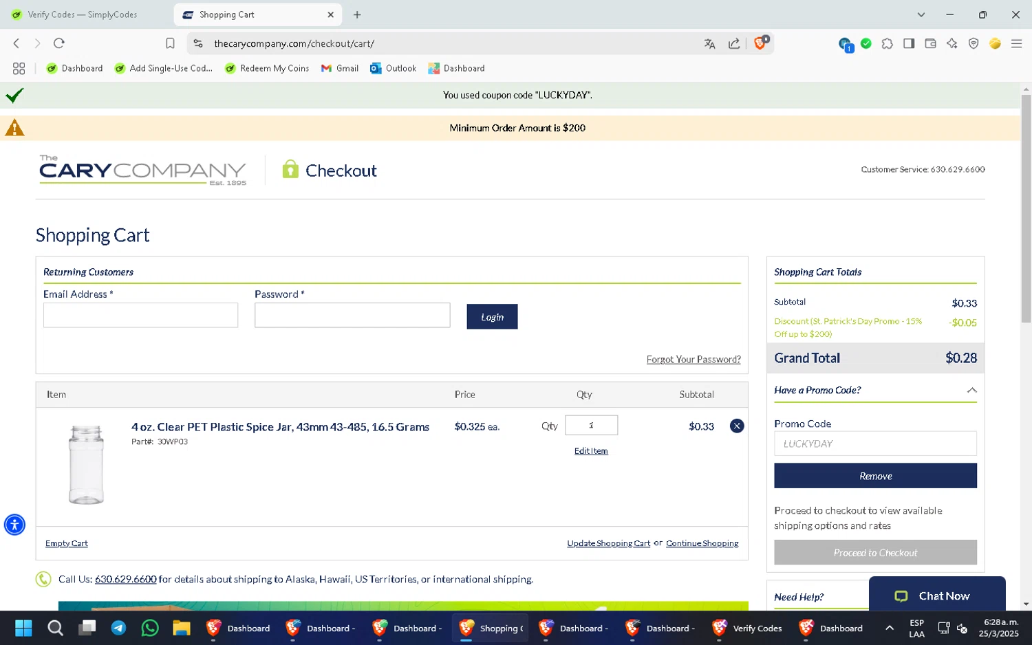 Cary Company checkout page showing Cary Company promo code box | Screenshot taken by SimplyCodes community member on Mar 25, 2025
