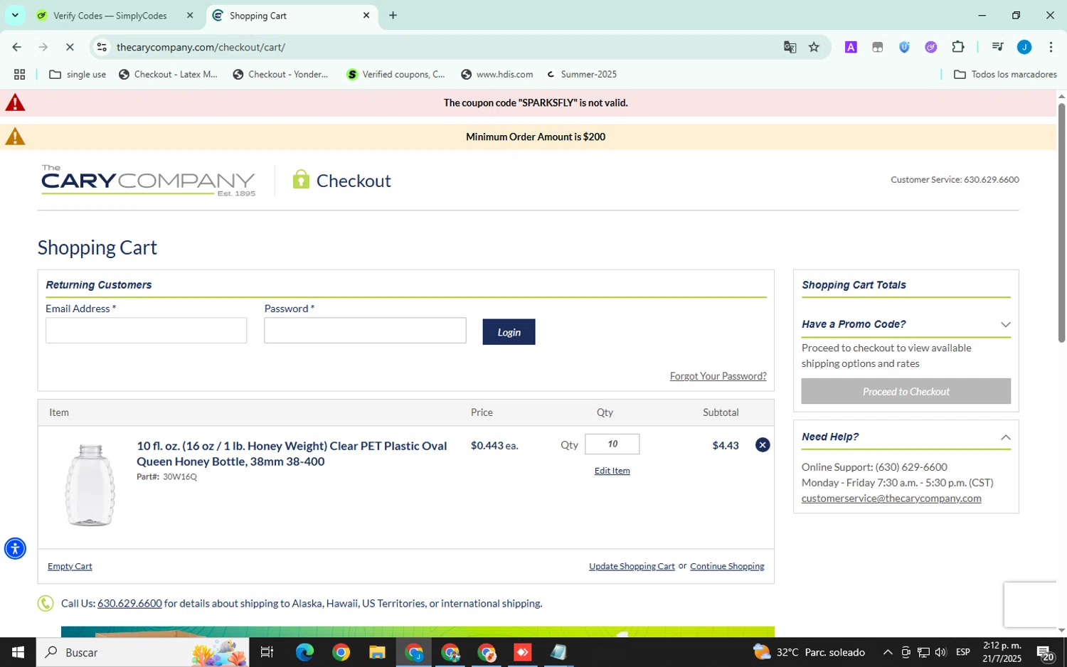 Cary Company promo code screenshot showing code SPARKSFLY applied at Cary Company checkout page. Uploaded by SimplyCodes community member ELVERGALARGA on Jul 21, 2025