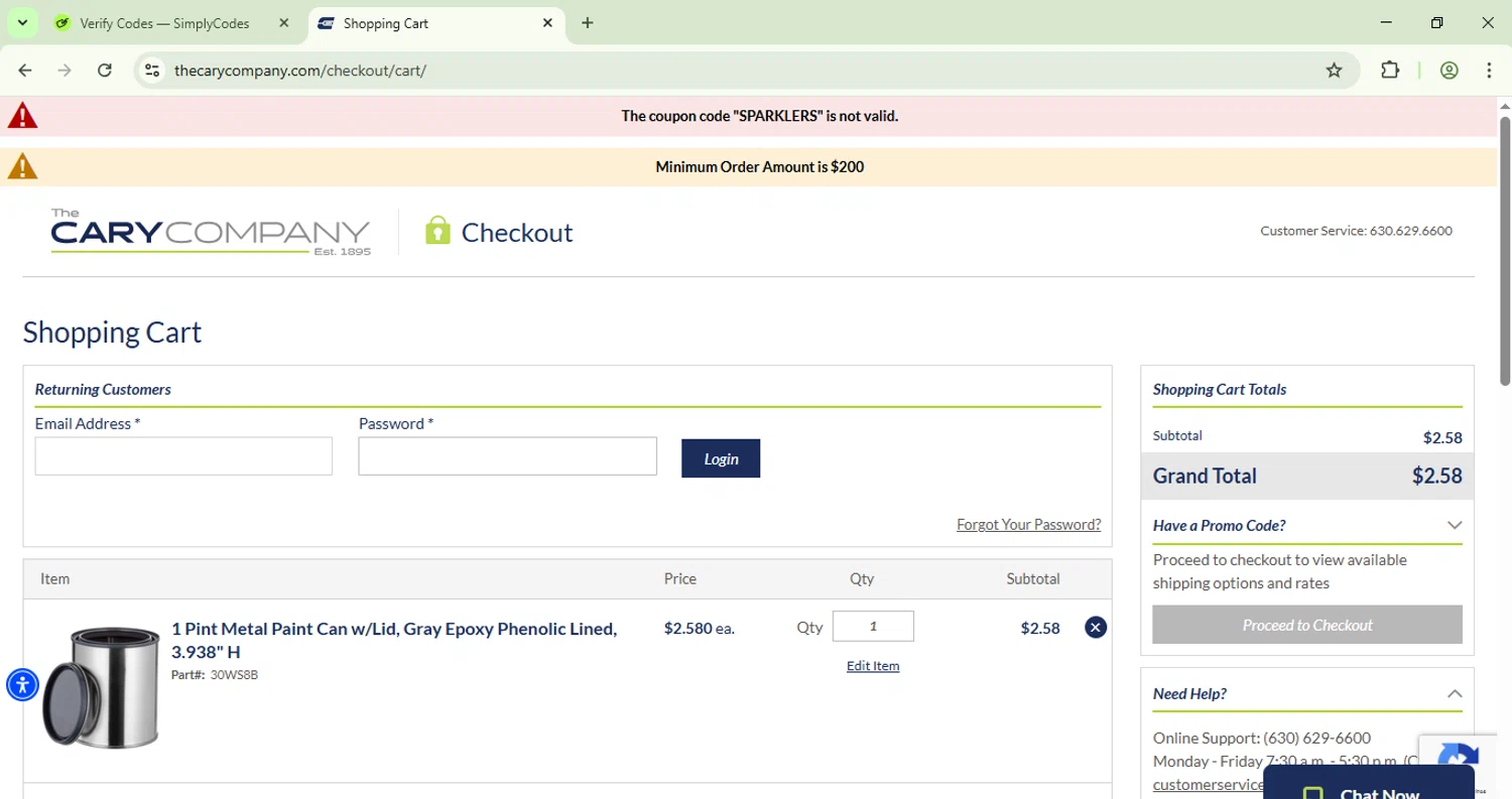 Cary Company promo code screenshot showing code SPARKLERS applied at Cary Company checkout page. Uploaded by SimplyCodes community member CoinSage1043 on Jul 16, 2025