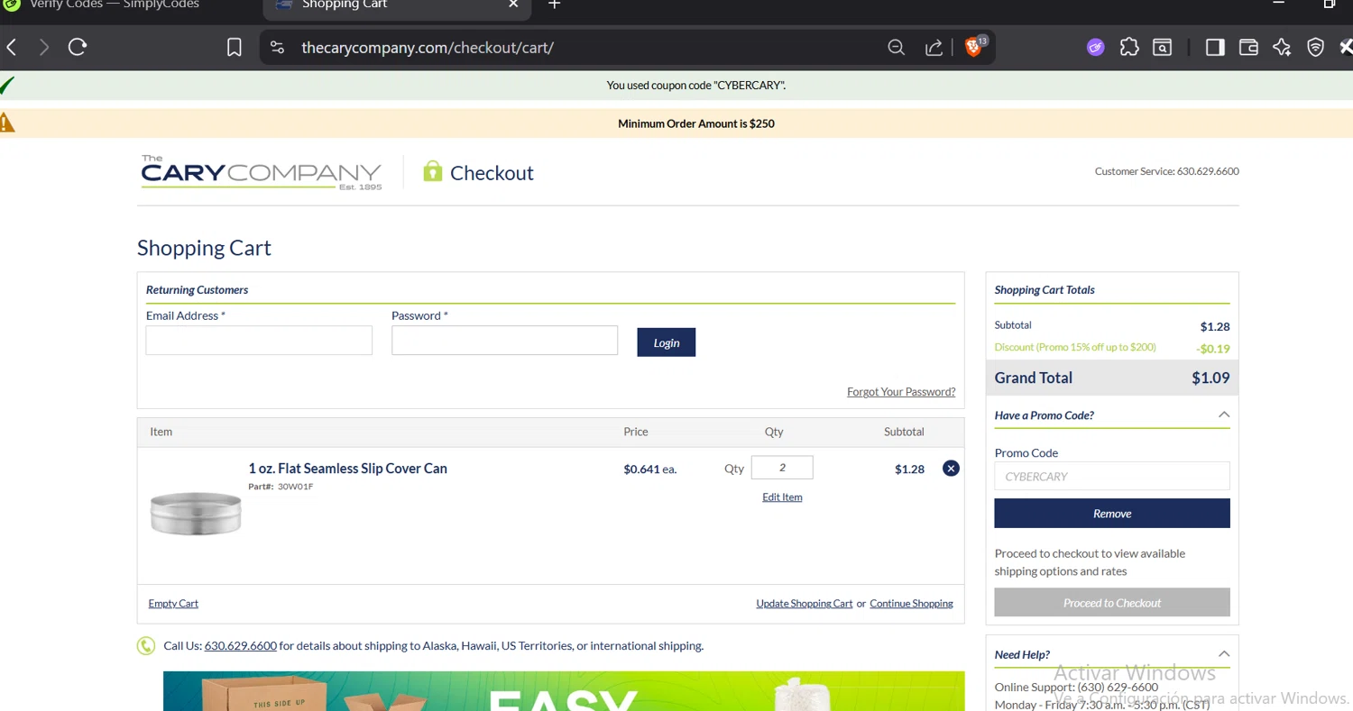 Cary Company promo code screenshot showing code CYBERCARY applied at Cary Company checkout page. Uploaded by SimplyCodes community member GloriousTitan3094 on Dec 1, 2025