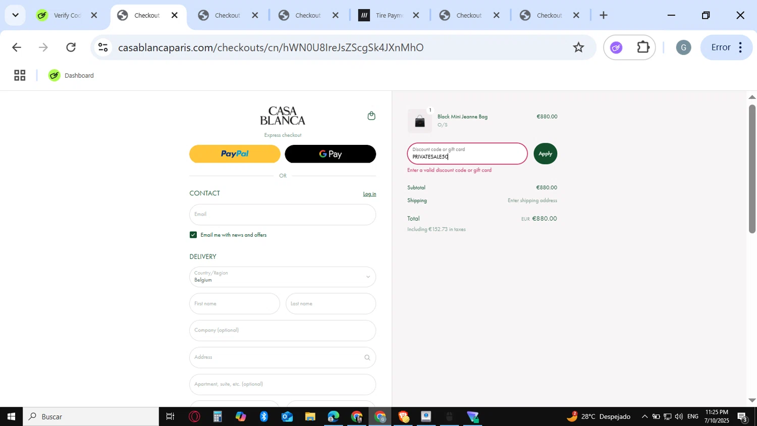 Casablanca promo code screenshot showing code PRIVATESALE50 applied at Casablanca checkout page. Uploaded by SimplyCodes community member guest_623525963 on Jul 11, 2025