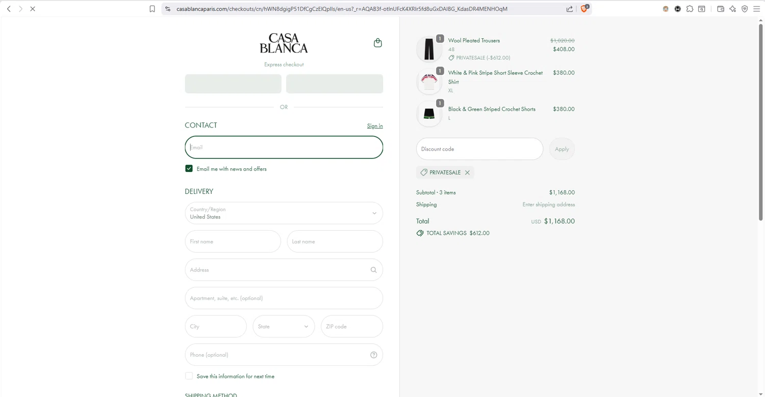 Casablanca checkout page showing Casablanca promo code box | Screenshot taken by SimplyCodes community member on Feb 10, 2026