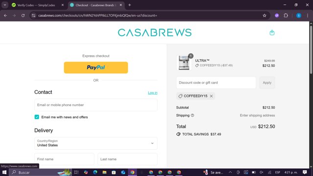 CASABREWS checkout page showing CASABREWS discount code box | Screenshot taken by SimplyCodes community member on Sep 3, 2025