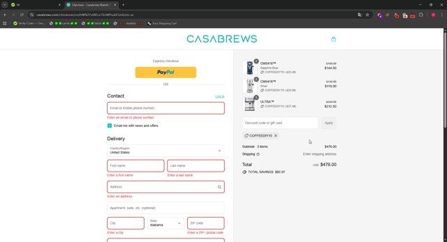 CASABREWS checkout page showing CASABREWS discount code box | Screenshot taken by SimplyCodes community member on Sep 3, 2025