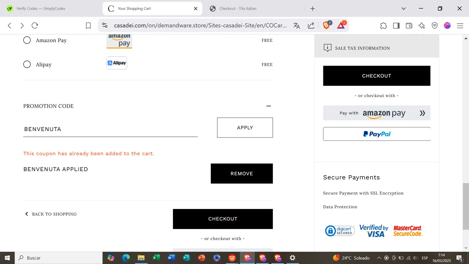 Casadei promo code screenshot showing code BENVENUTA applied at Casadei checkout page. Uploaded by SimplyCodes community member Rapunzel on Mar 16, 2025